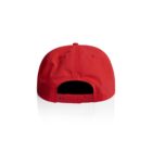 Back view of a red snapback hat with an adjustable strap on a white background.