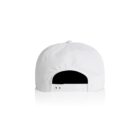 Back view of a plain white snapback cap with adjustable strap on white background.