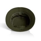 Olive green bucket hat viewed from above on a white background.