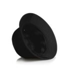 A black bucket hat turned upside down on a white background.
