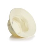 A cream-colored wide-brim hat viewed from the inside against a white background.