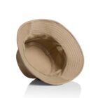 Tan bucket hat turned upside down on a white background with a slight shadow underneath.