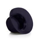 A navy blue bucket hat turned upside down on a white background.