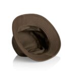 Brown bucket hat turned upside down, showing the interior, on a white background.