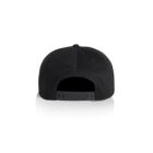 Black snapback hat shown from the back, displaying the adjustable strap.