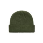 Olive green knit beanie hat with a folded brim, shown on a white background.