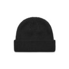 A plain black knit beanie hat with a folded brim on a white background.