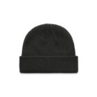 Black knitted beanie hat with a folded cuff, displayed on a white background.