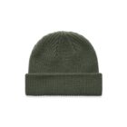 Olive green knit beanie with a folded cuff, displayed on a white background.