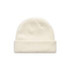 Cream-colored knitted beanie hat with a folded brim on a white background.