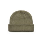 Olive green knitted beanie hat with a wide folded brim, displayed on a white background.