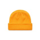 Bright orange knitted beanie hat with a folded brim, displayed on a white background.