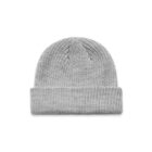 A plain, light gray knitted beanie hat with a folded brim, on a white background.