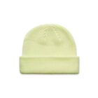 Light yellow knitted beanie hat with a folded brim on a white background.