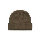 Brown knitted beanie hat with a folded brim, displayed on a white background.
