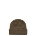 Brown knit beanie hat with a folded brim, displayed on a white background.