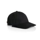 A plain black baseball cap with a curved brim and adjustable strap on a white background.