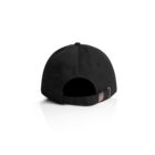 Black baseball cap shown from the back with an adjustable strap and metal buckle.