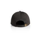 Back view of a black baseball cap with an adjustable strap and metal buckle.