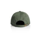 Back view of a green baseball cap with an adjustable strap and metal clasp.