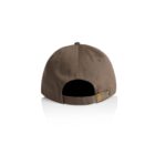 Brown baseball cap shown from the back with adjustable strap and metal buckle.