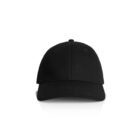 A plain black baseball cap viewed from the front on a white background.