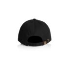 Back view of a black baseball cap with adjustable strap and metal buckle.