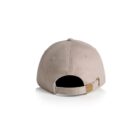 Beige baseball cap viewed from the back, showing adjustable strap with brass buckle.