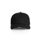 A plain black baseball cap on a white background, shown from the front.