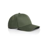 Olive green baseball cap on a white background with a shadow underneath.