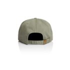 Khaki baseball cap viewed from the back, showing an adjustable strap with a metal clasp.