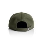 Olive green baseball cap shown from the back with an adjustable strap and metal clasp.