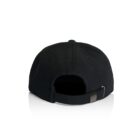 Back view of a black baseball cap with an adjustable strap and metal clasp.
