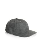 Gray wool baseball cap with a curved brim and adjustable strap on a white background.