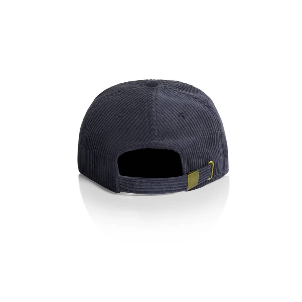 Back view of a dark blue corduroy cap with adjustable strap and brass buckle.