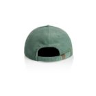 Back view of a green corduroy baseball cap with an adjustable strap and a metal buckle.