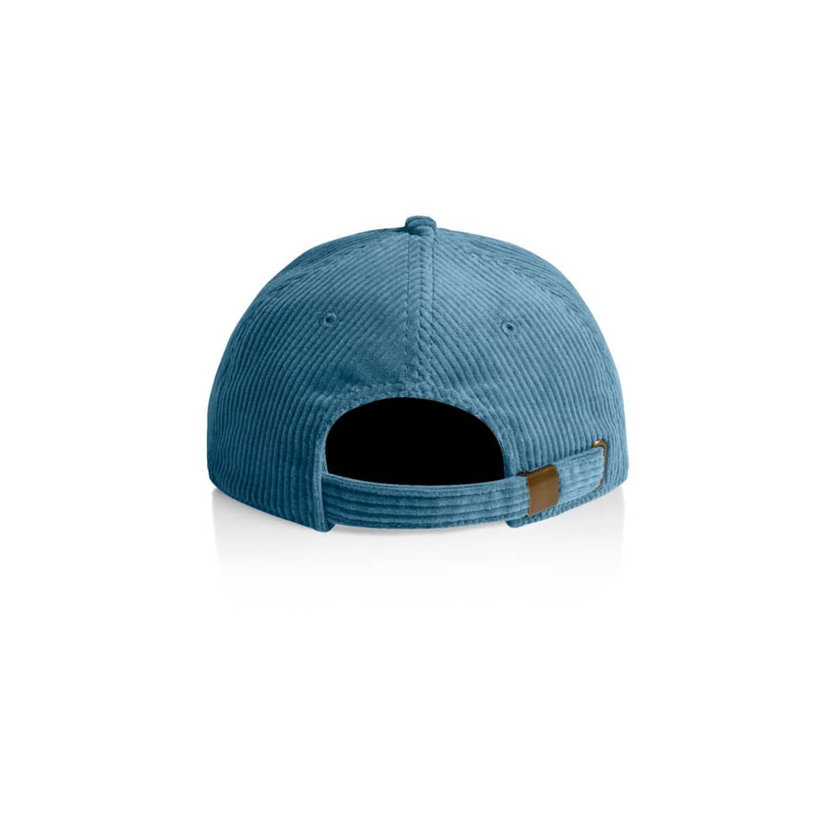 Blue corduroy baseball cap viewed from the back, featuring an adjustable strap.