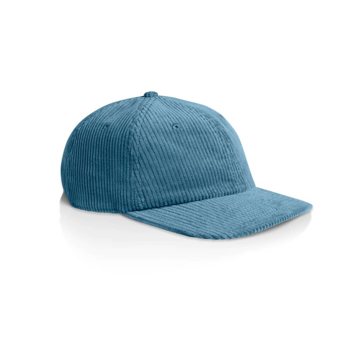 A blue corduroy baseball cap on a white background.