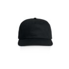 Black baseball cap viewed from the front on a white background.