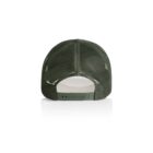 Back view of a green mesh trucker hat with an adjustable snapback closure.