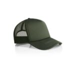 Dark green mesh trucker hat with curved brim on a white background.