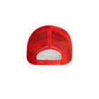 Back view of a red mesh trucker hat with an adjustable snapback strap.