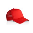 A bright red mesh trucker cap with a curved brim on a white background.