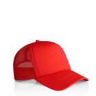 Bright red trucker hat with mesh back, displayed on a white background.