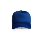 Front view of a blue trucker hat with mesh back on a white background.