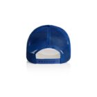 Back view of a blue mesh trucker hat with an adjustable snapback closure.