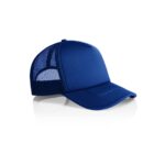 Blue mesh trucker cap with curved brim, shown on a white background.