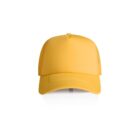 Yellow baseball cap viewed from the front on a white background.