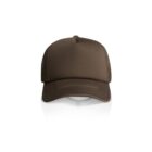 Brown trucker hat with mesh back, viewed from the front on a white background.