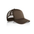 Brown mesh trucker hat with curved brim on a white background.